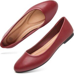 Women's Red PU Leather Closed Toe Slip on Comfortable Ballet Flats Shoes
